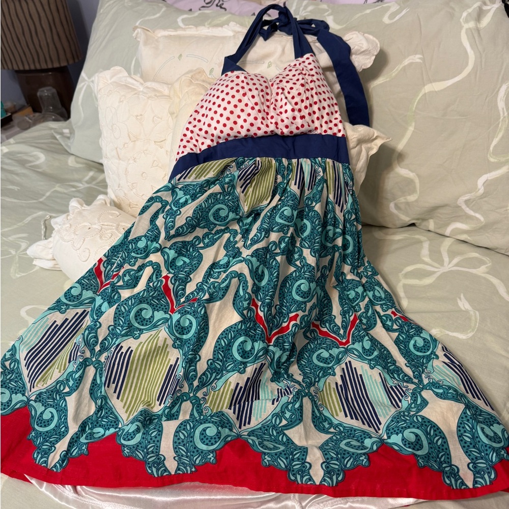NWT Halter Dress with Red and Blue Accents. Padded top